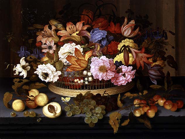 Still Life of Fruit and a Basket of Flowers 1623