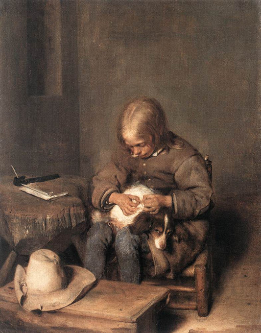 A Boy Ridding His Dog Of Fleas