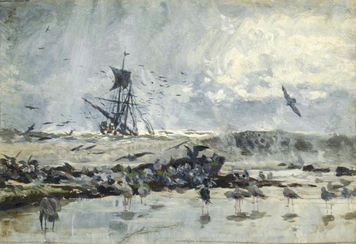 A Ship and Seabirds near the Coast