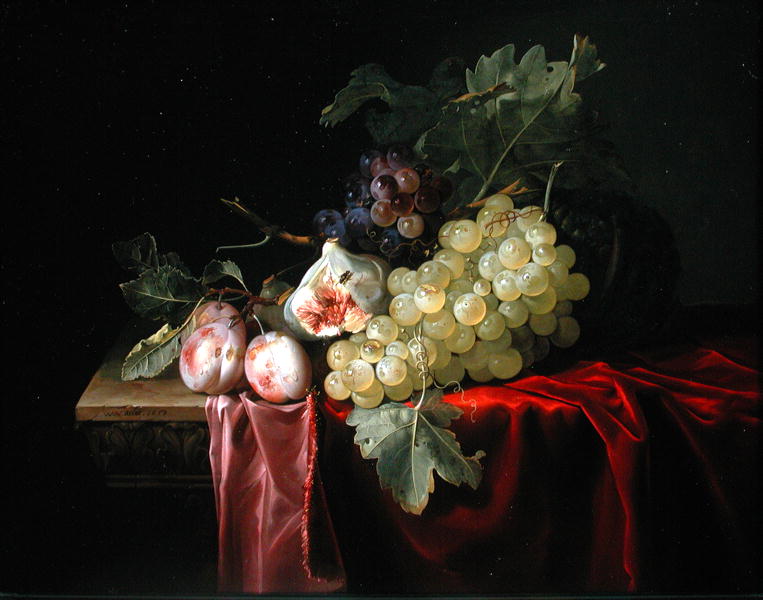 A still life with grapes plums figs and a melon on a partly draped stone ledge 1653