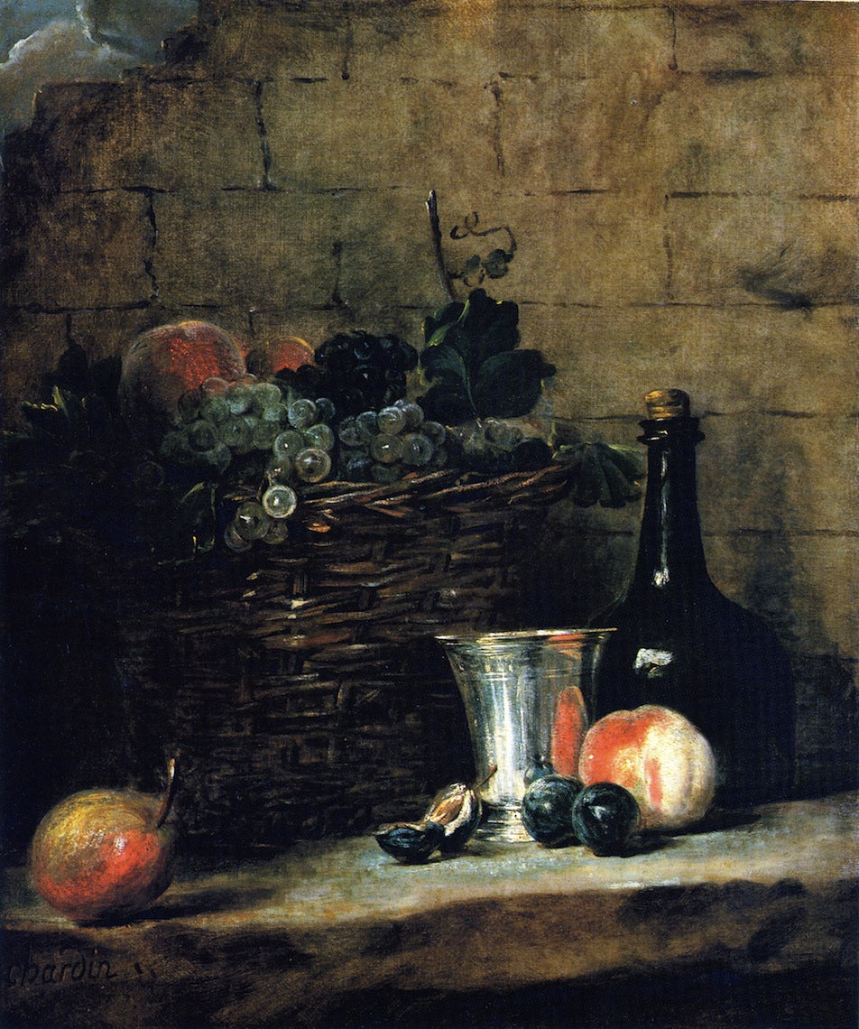 Basket of White and Red Grapes with Silver Goblet Bottle Peaches