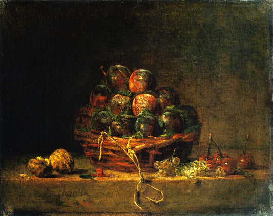 Basket of Plums with Walnuts Currants and Cherries