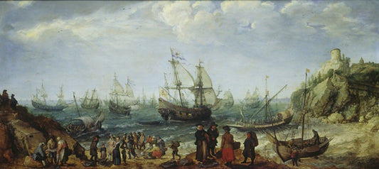 Warships off the Coast with a Fishmarket on the Beach