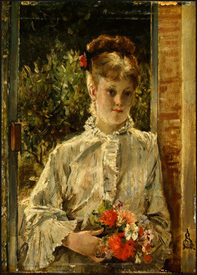 Young Woman in White Holding a Bouquet