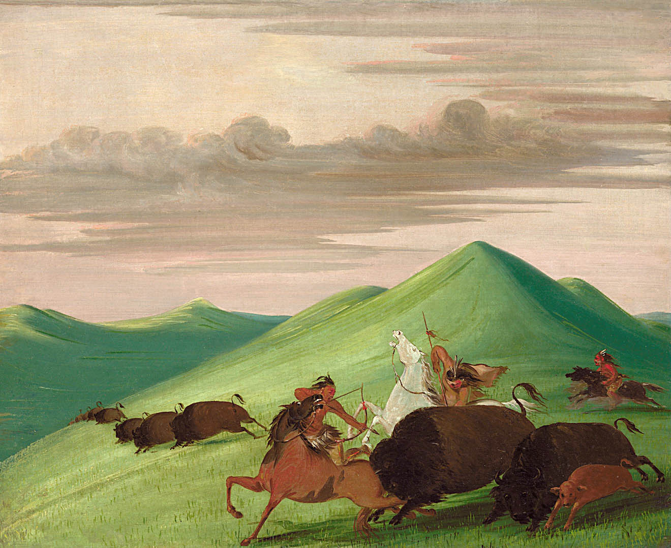 Buffalo Chase, Bull Protecting a Cow and Calf