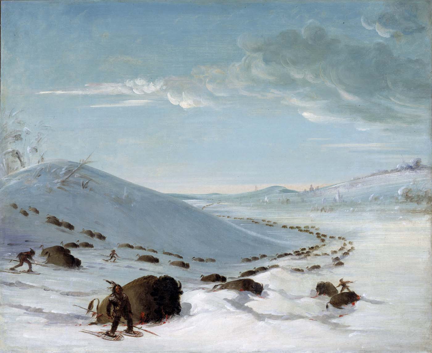 Buffalo Chase in Winter, Indians on Snowshoes