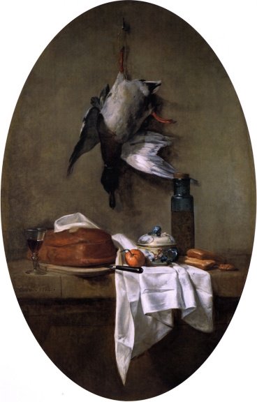 Duck Hanging by one Leg Pate Bowl and Jar of Olives