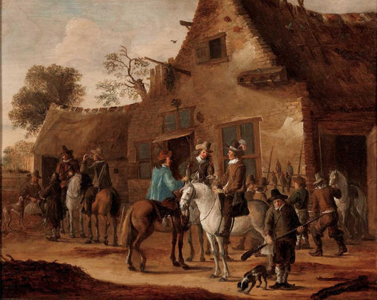 Group of Hunters with Hawks near an Inn