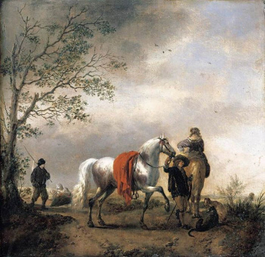 Cavalier Holding a Dappled Grey Horse