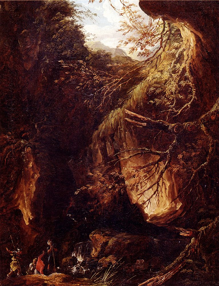 Figures By A Waterfall In A Wooded Landscape