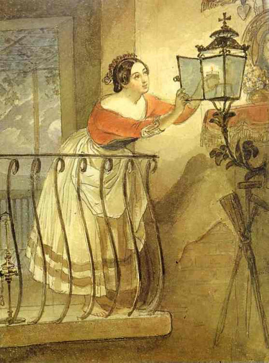 Italian Woman Lightning a Lamp in front of the Image of Madonna