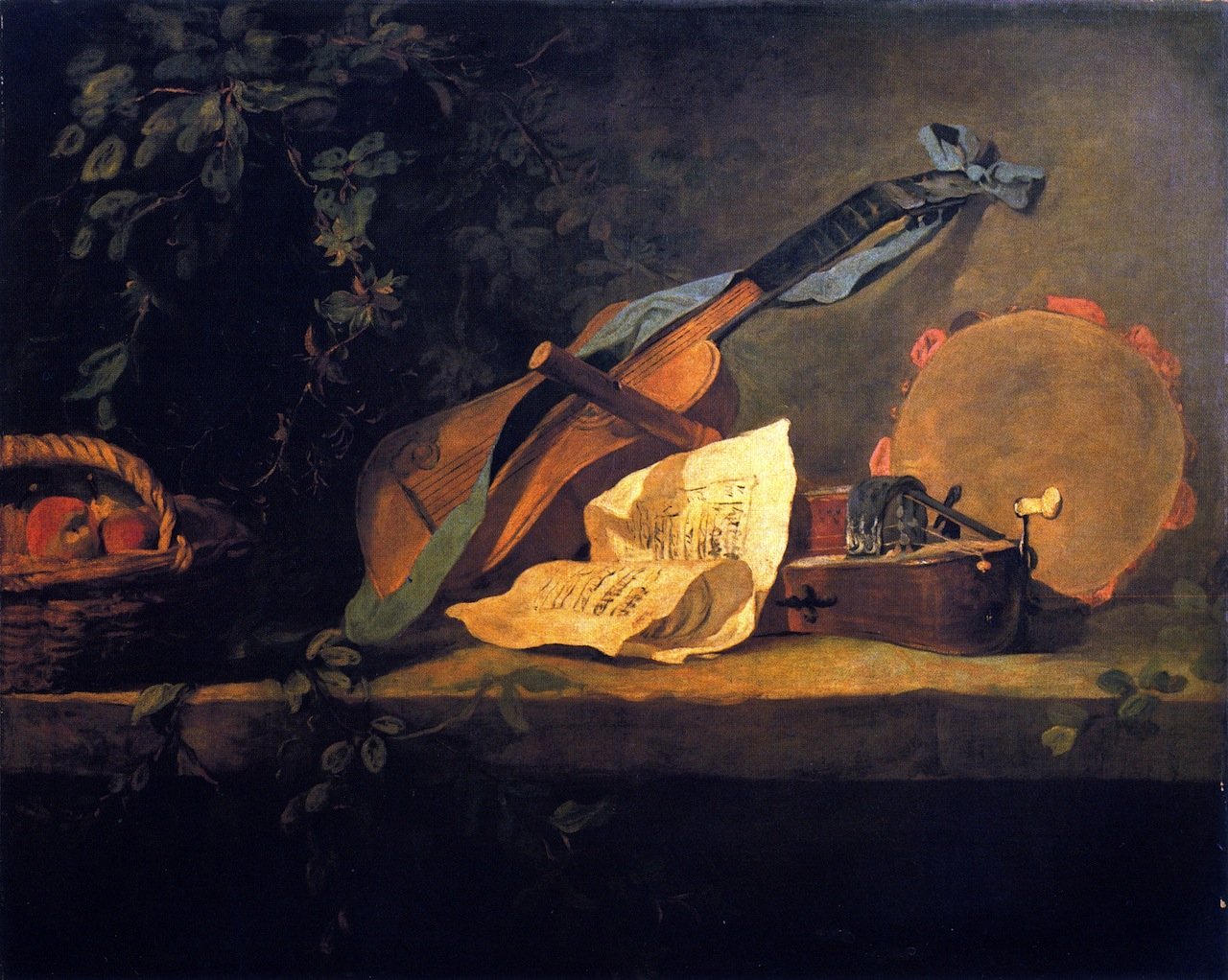 Musical Instruments and Basket of Fruit