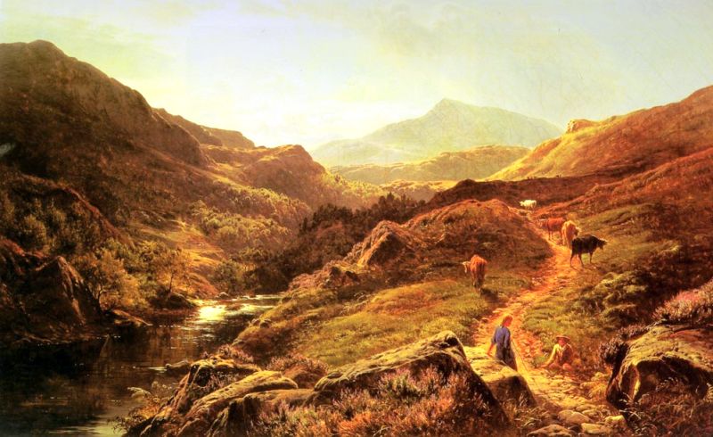 Moel Siabod from Glyn Lledr, with Figures and Cattle on a Riverside Path