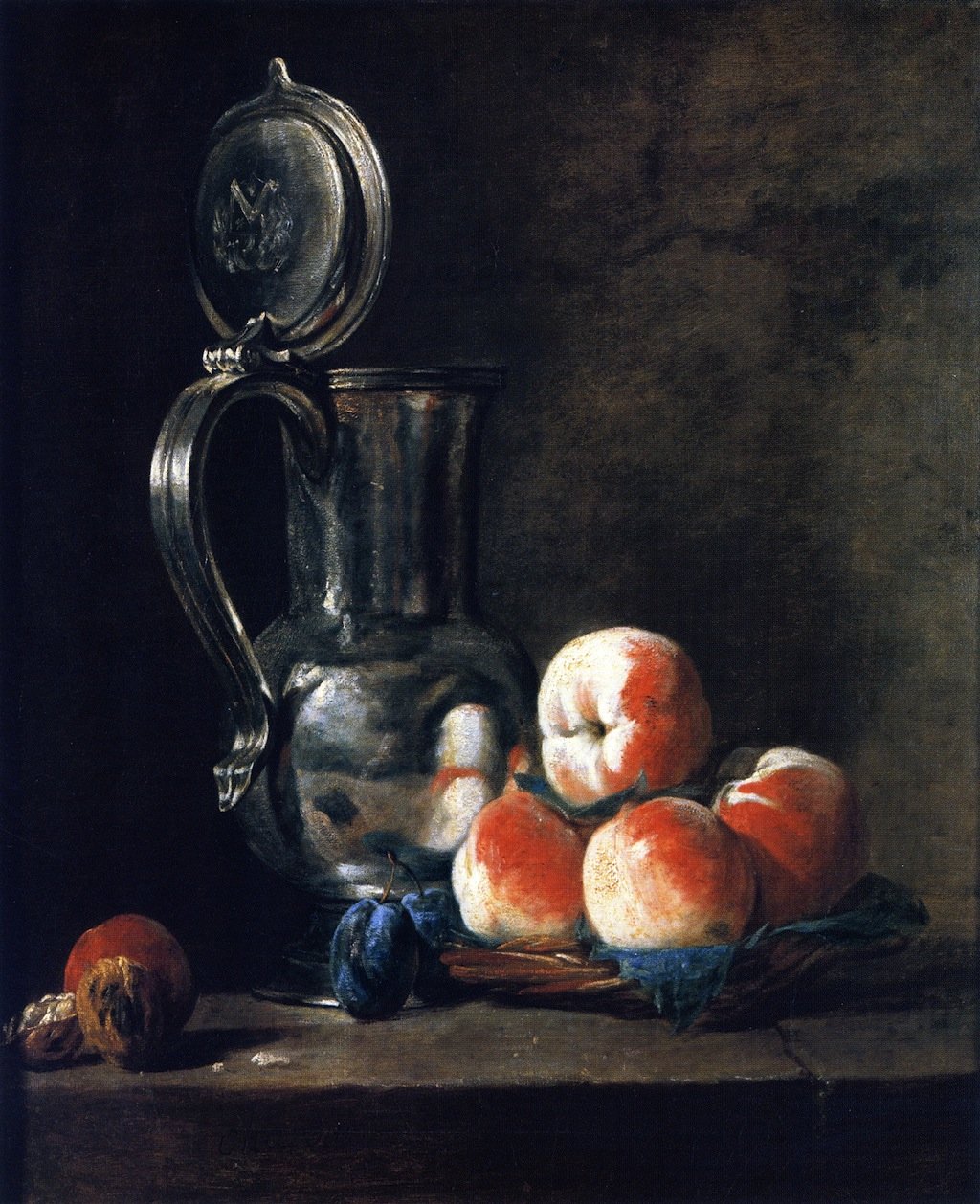 Pewter Jug with Basket of Peaches Plums and Walnuts