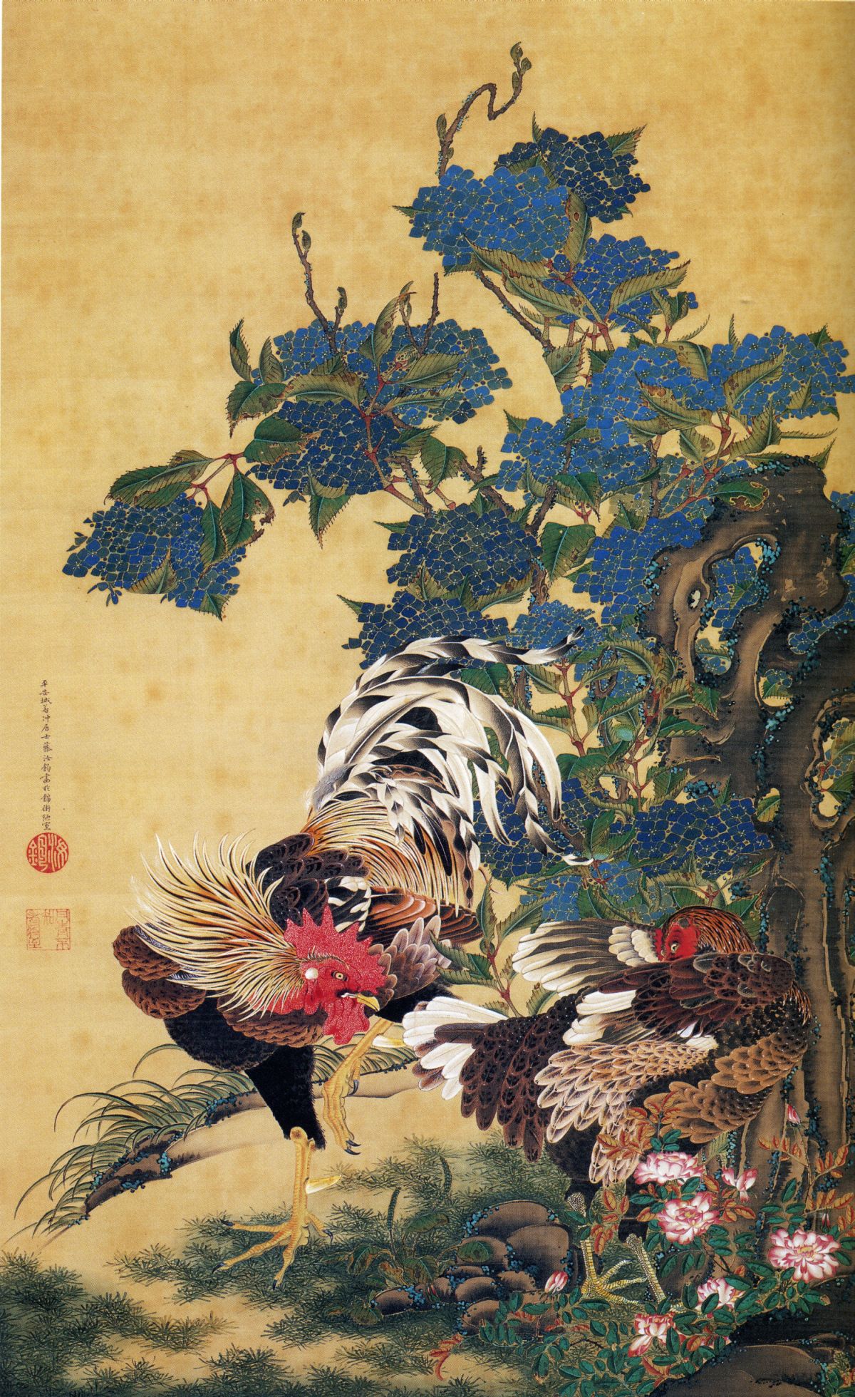 Rooster and Hen with Hydrangeas