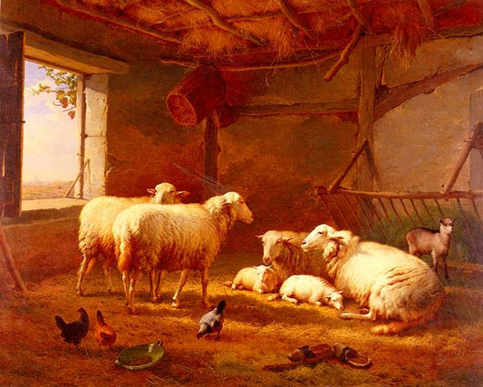 Sheep With Chickens And A Goat In A Barn