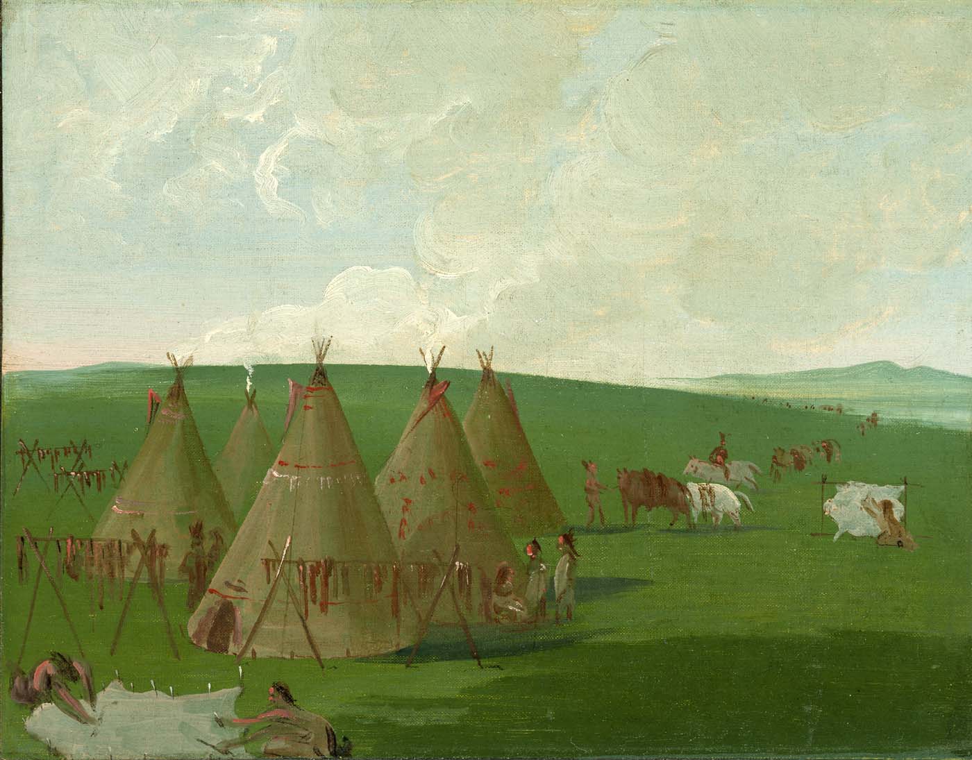 Sioux Encamped on the Upper Missouri, Dressing Buffalo Meat and Robes