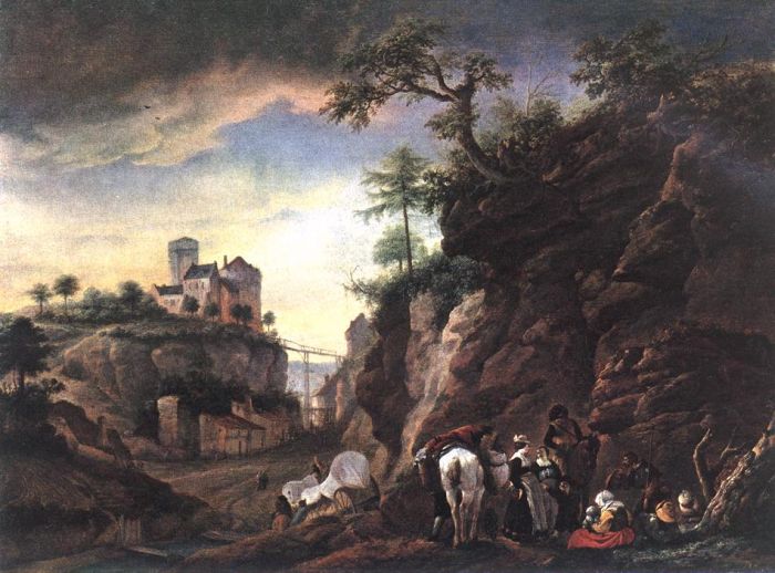 Rocky Landscape With Resting Travellers