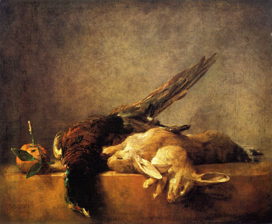 Two Rabbits a Pheasant and a Seville Orange on a Stone Ledge