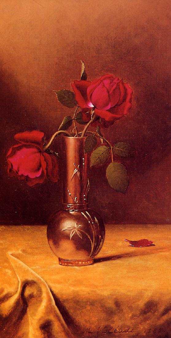 Two Red Roses in a Bronze Vase