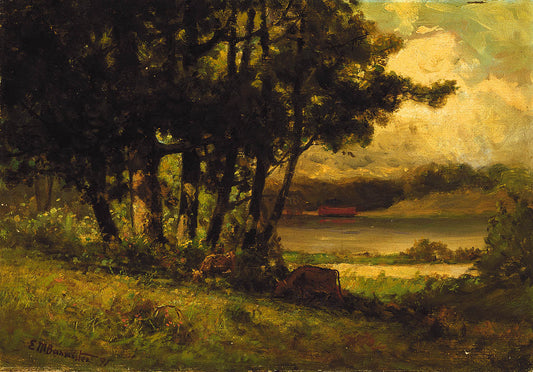 Untitled (landscape with cows grazing near river)