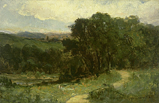 Untitled (landscape with road near stream and trees)