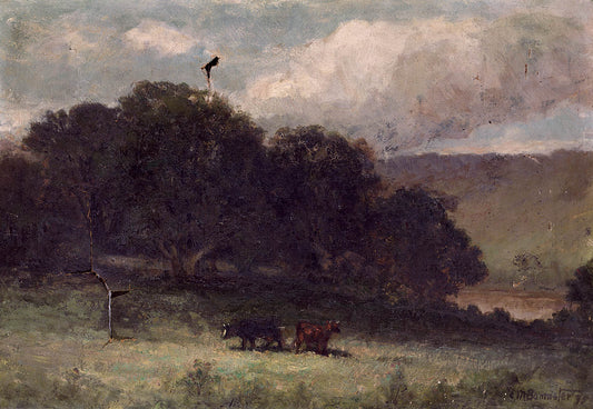 Untitled (landscape with trees and two cows in meadow)