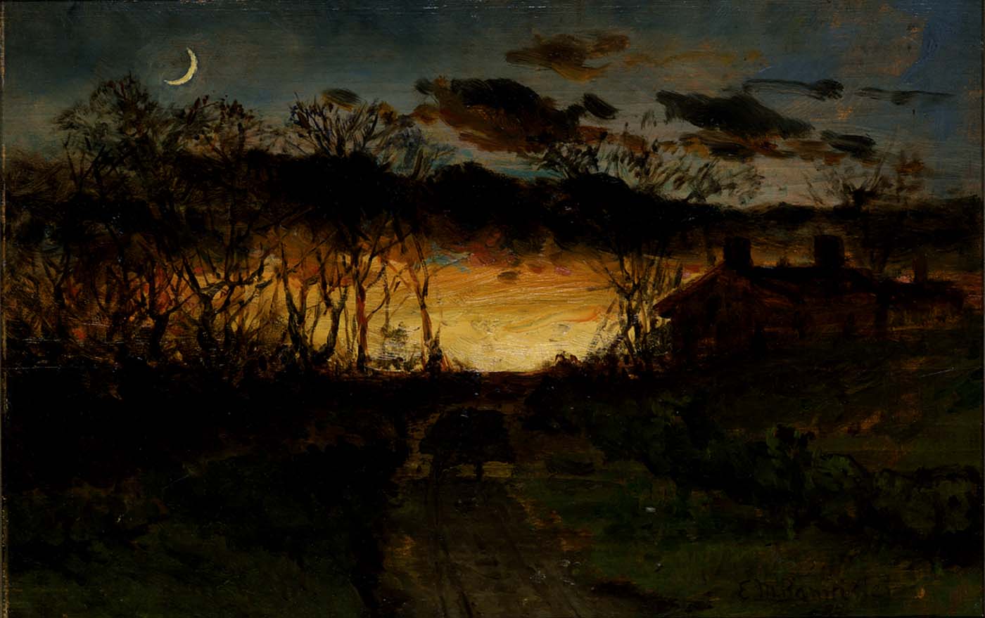 Untitled (sunset with quarter moon and farmhouse)