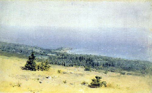 View on the beach and sea from the mountains. Crimea 1880