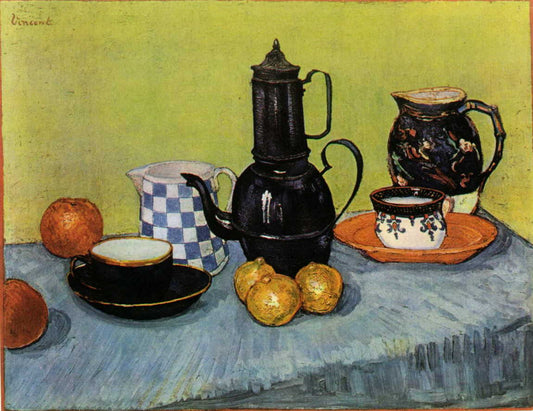 Still Life Blue Enamel Coffeepot Earthenware and Fruit