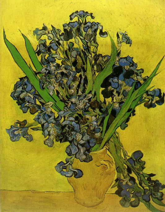 Still Life Vase with Irises Against a Yellow Background