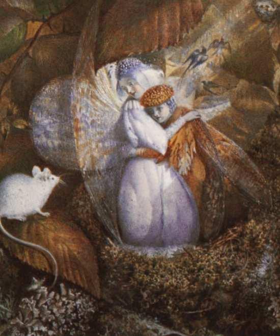 Fairy Lovers in a Bird's Nest watching a White Mouse