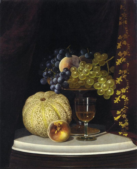 Still Life with Melon, Peach, Fruit-Filled Compote and Glass of Wine