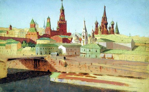 view Moskvoretsky Bridge the Kremlin and St Basils Cathedral 1882